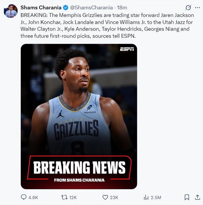 灰熊爵士涉及8人大交易！小賈倫換取3首輪簽 灰熊未來7年握13首輪